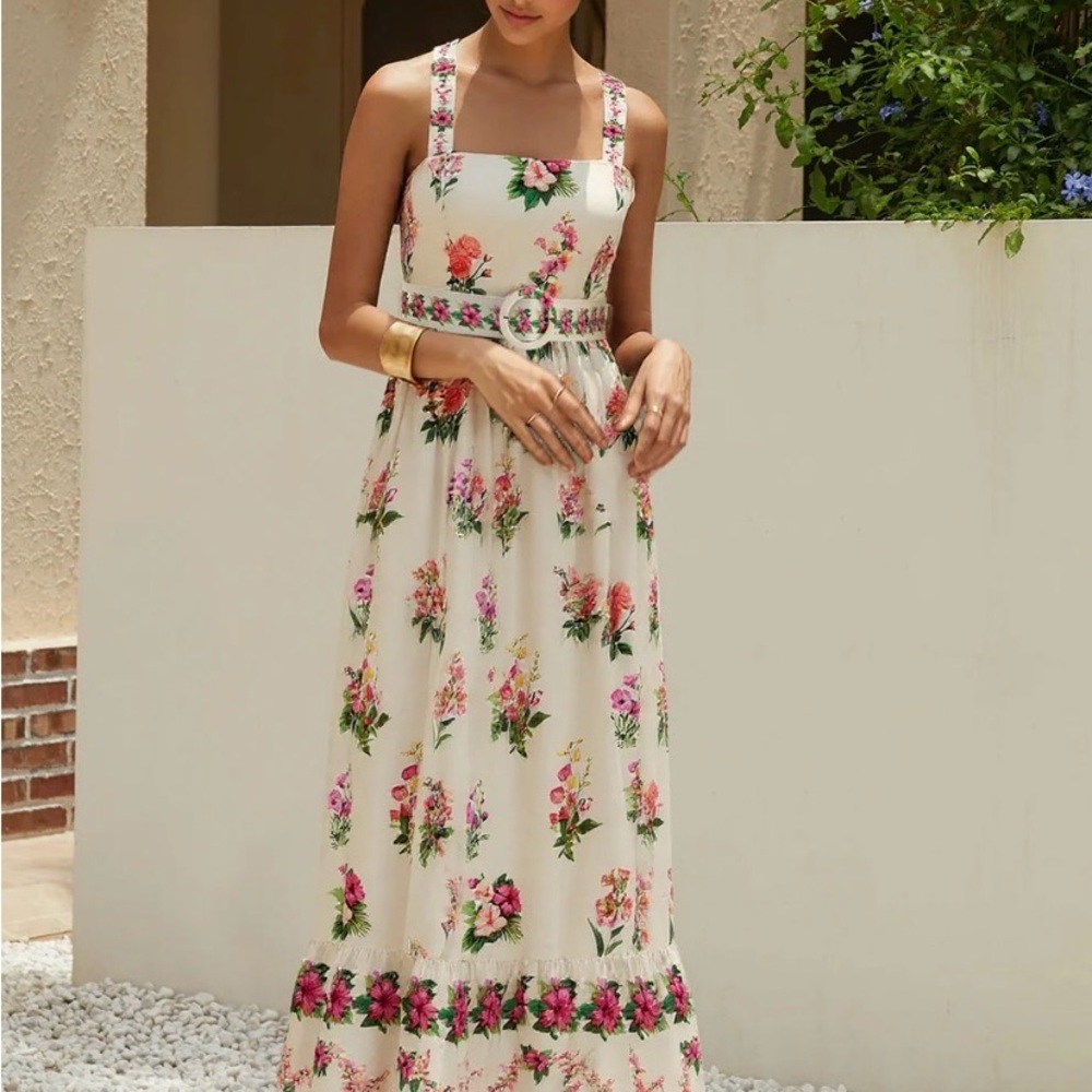 Floral Square-Neck belted Midi Dress